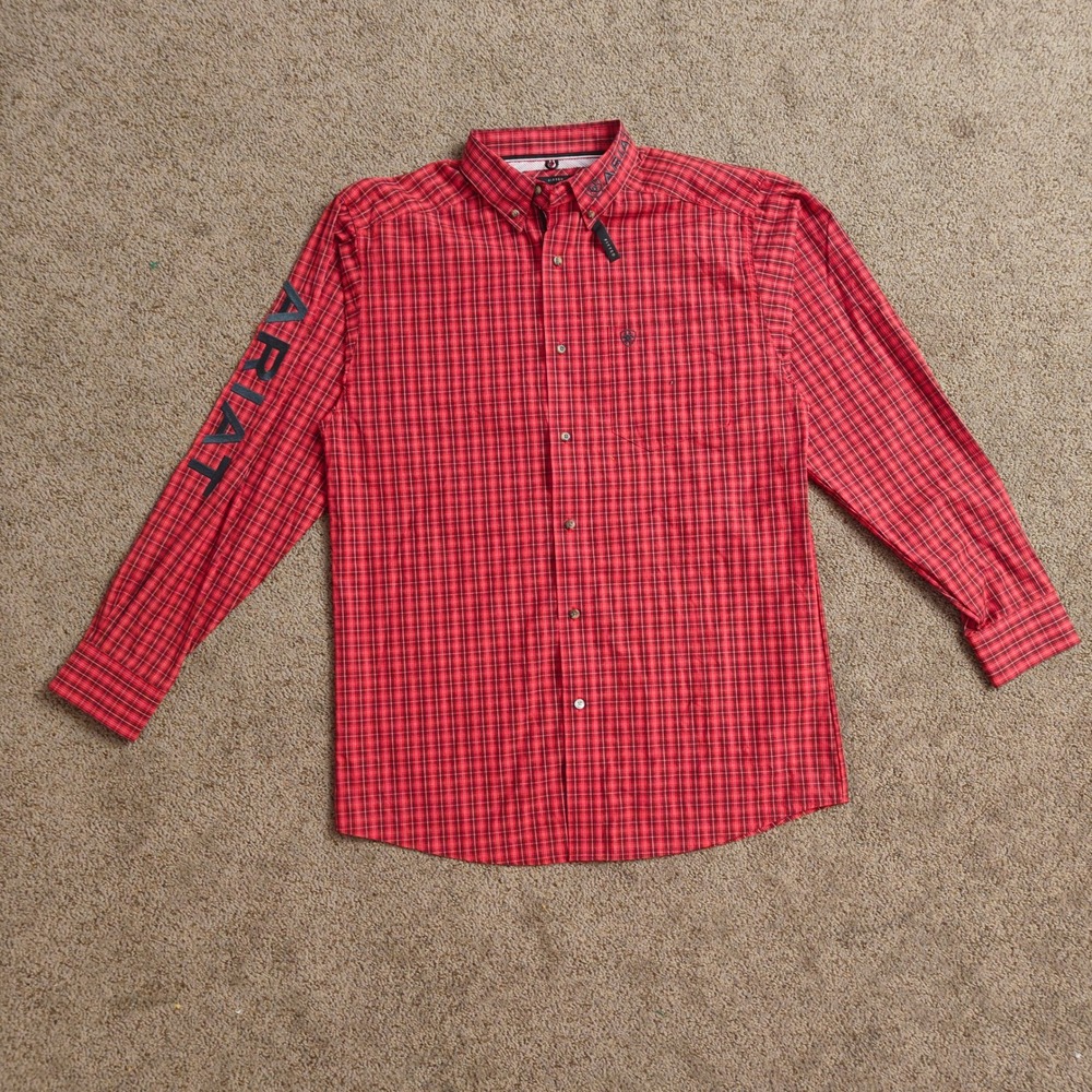 NWOT Ariat Pro Series Mens Red Plaid Long Sleeve‎ Button Up Shirt Fitted Size L - Picture 2 of 16